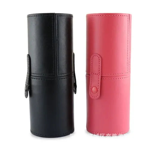 12-piece makeup brush set in PU cylinder tube with wool horse hair fibre heads, wooden handles, black and pink options