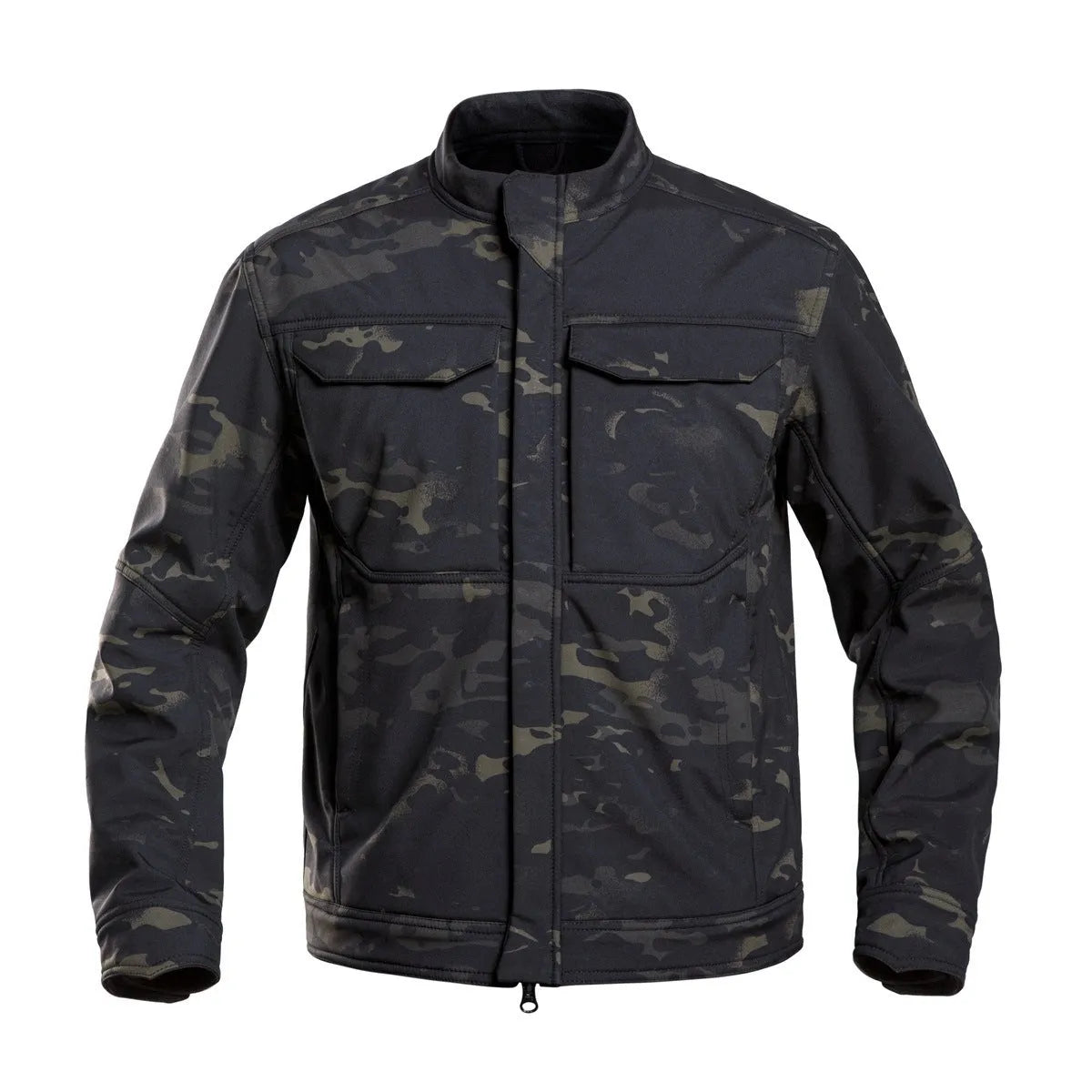 Bone Frog Peak Breaker soft shell jacket in black camouflage for outdoor mountaineering and tactical use.