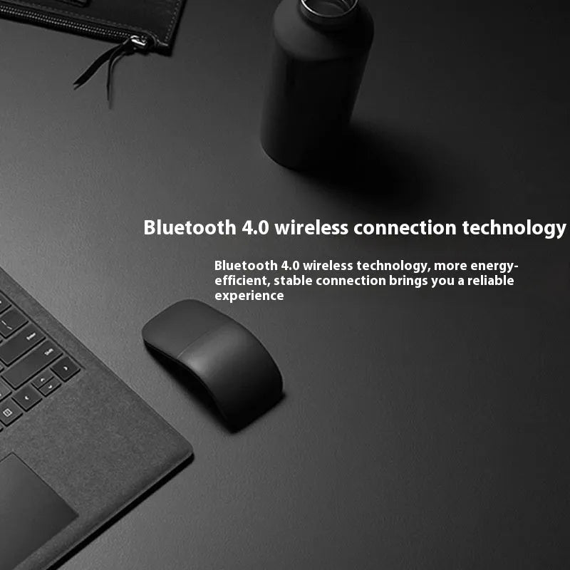 Folded Bluetooth wireless mouse showing compact size with touch surface and multiple colour options