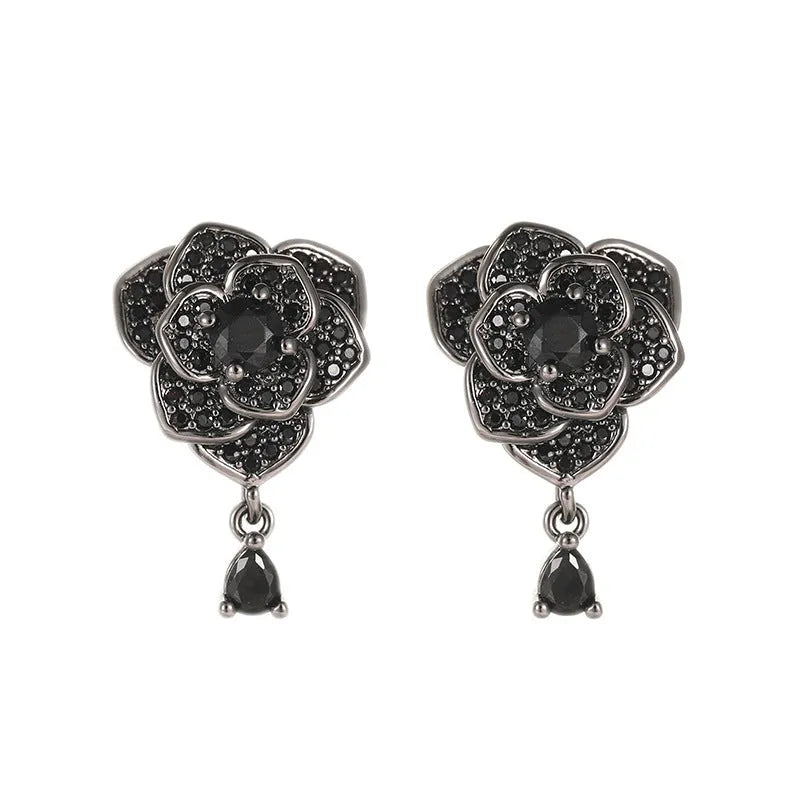 Black rose stud earrings with floral zircon design and gold-coloured electroplating