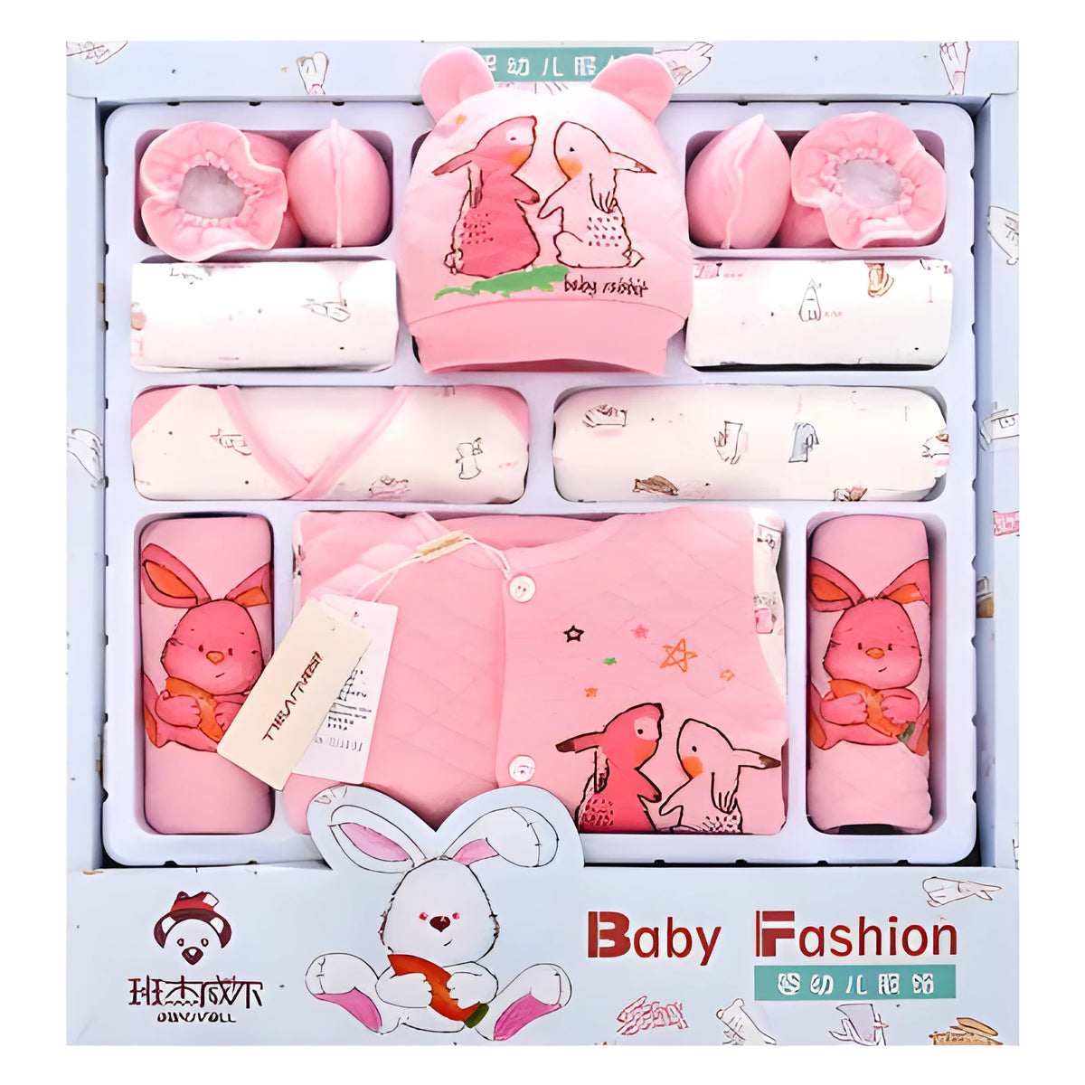 Pink padded baby clothes set in cotton with Radish Rabbit design for newborns