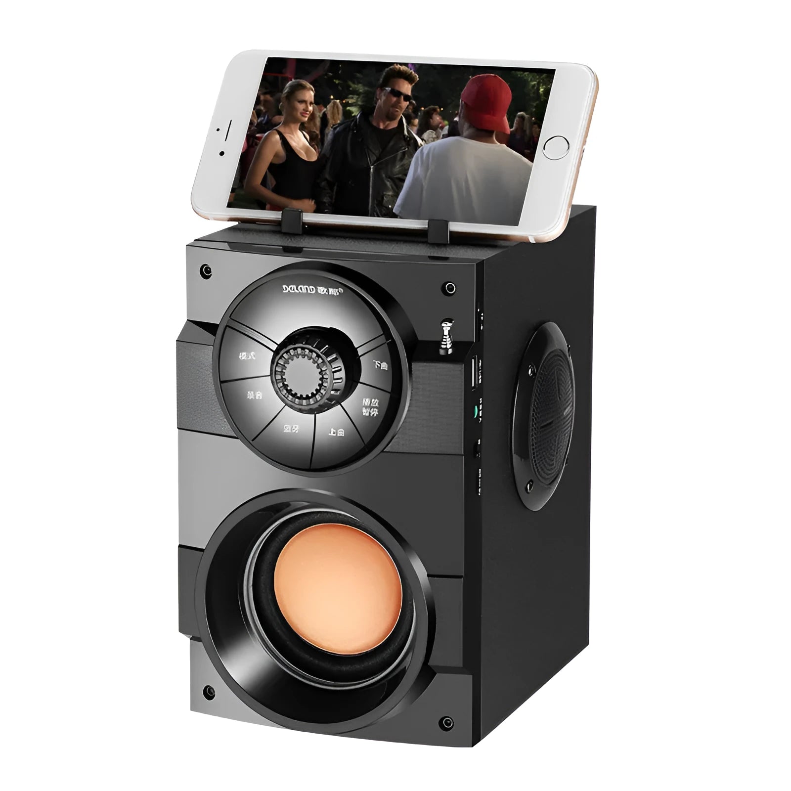 Black portable mini audio system with satellite speakers and subwoofer, 3.5mm cable, and USB power input.