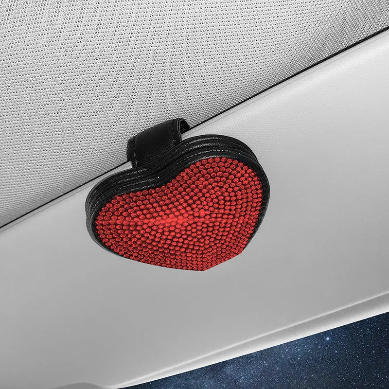 Diamond-encrusted PU leather magnetic clip for car sun visor holding sunglasses