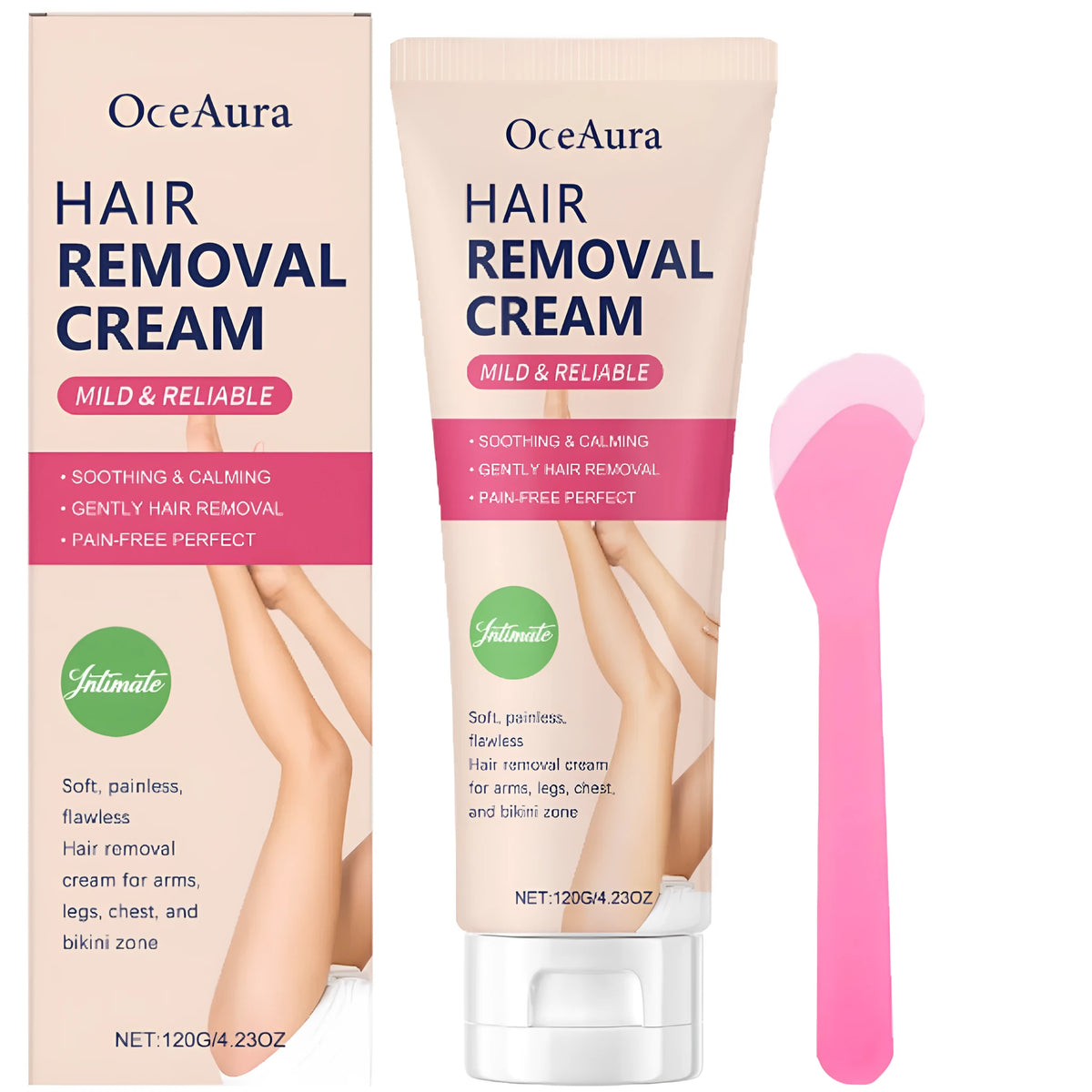 Tube of gentle body hair removal cream with aloe and witch hazel, 120g, with scraper