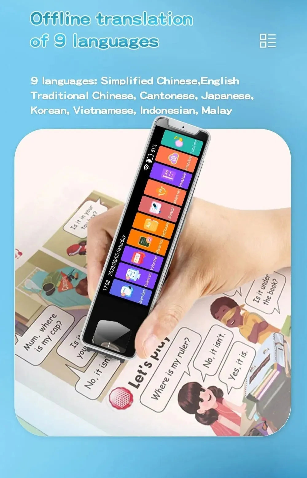 Multi-language scanning pen with 3.38in screen, ABS body, 148x36x15mm, offline Arabic model, with silicone cover.