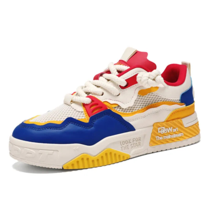 Men's white low-top board shoes with colour matching and injection-moulded rubber soles
