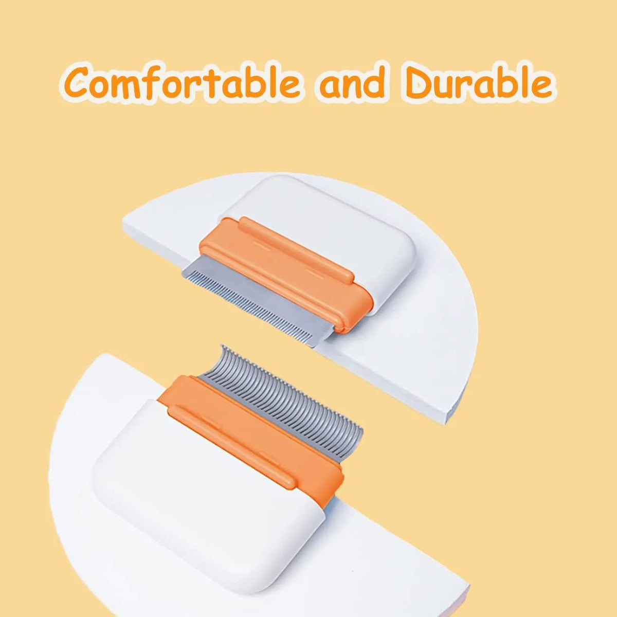 Blue double-sided pet grooming comb with stainless steel teeth and soft bristles on a white background.