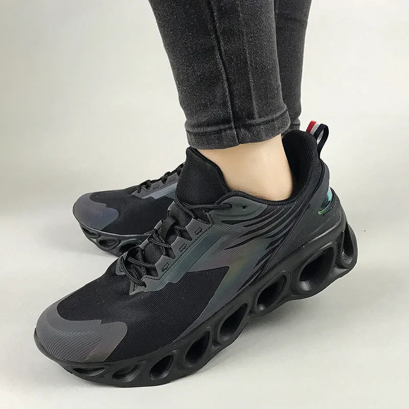 Men's casual mesh sports shoes in black, white, or dark blue with lace-up closure and round toe