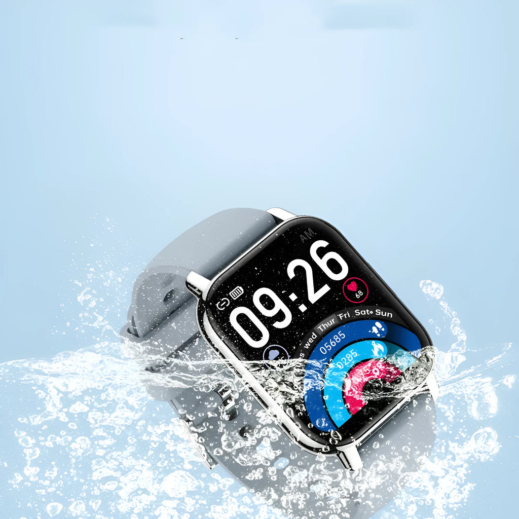 P66 smart watch with 1.85-inch TFT screen silicone wristband in black shell and dark blue strap