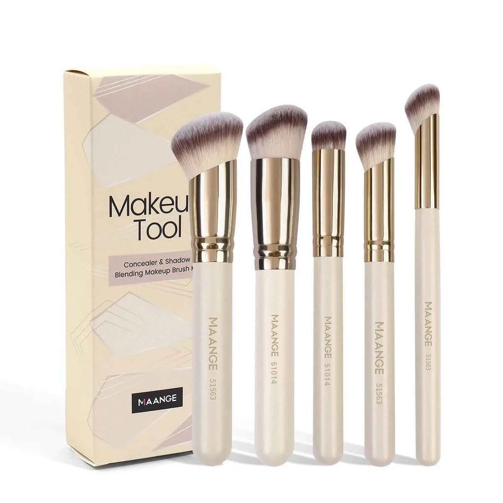 MAANGE set of five apricot-coloured angled kabuki makeup brushes with synthetic bristles.