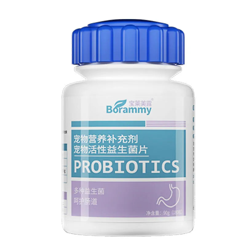 Bottle of pet probiotic tablets containing 180 tablets with 12 billion CFU per tablet for cats and dogs