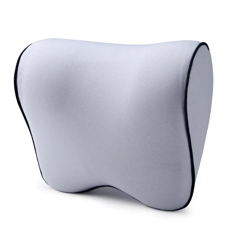 Memory foam car headrest in light grey with twill polyester cover measuring 26x23x12cm