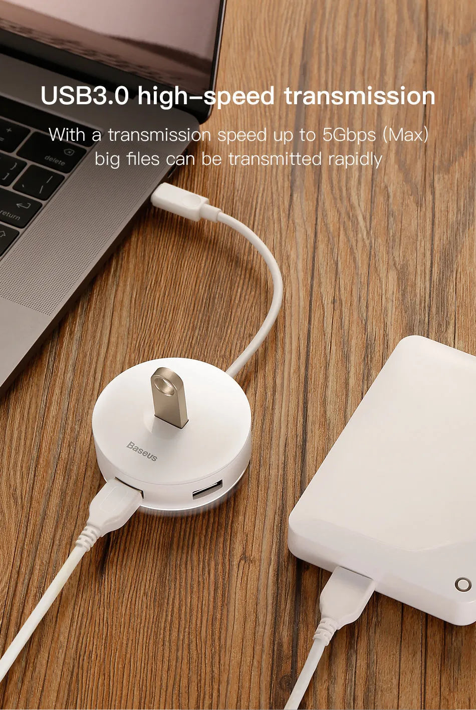 USB hub adapter in round box with USB 3.0 and USB 2.0 ports and cable