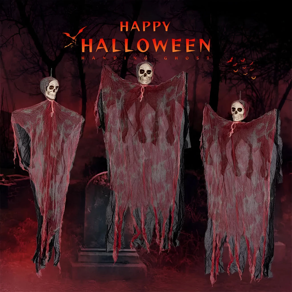 Halloween hanging ghost pendant with dyed blood skull face and wavy ghost clothes on a porch