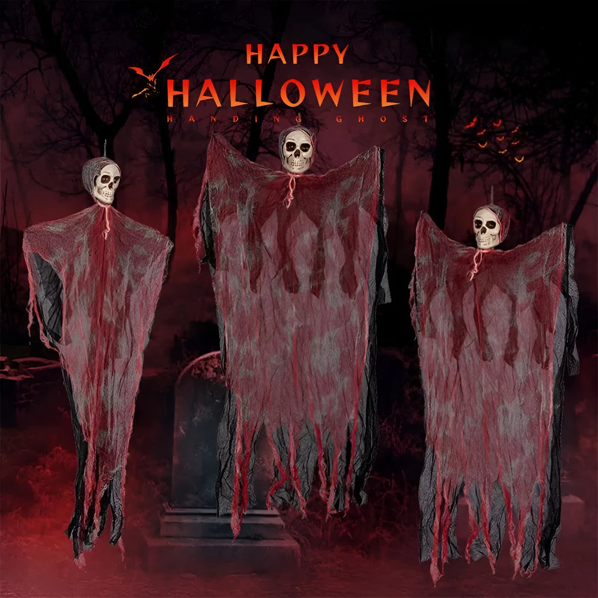 Halloween hanging ghost pendant with dyed blood skull face and wavy ghost clothes on a porch