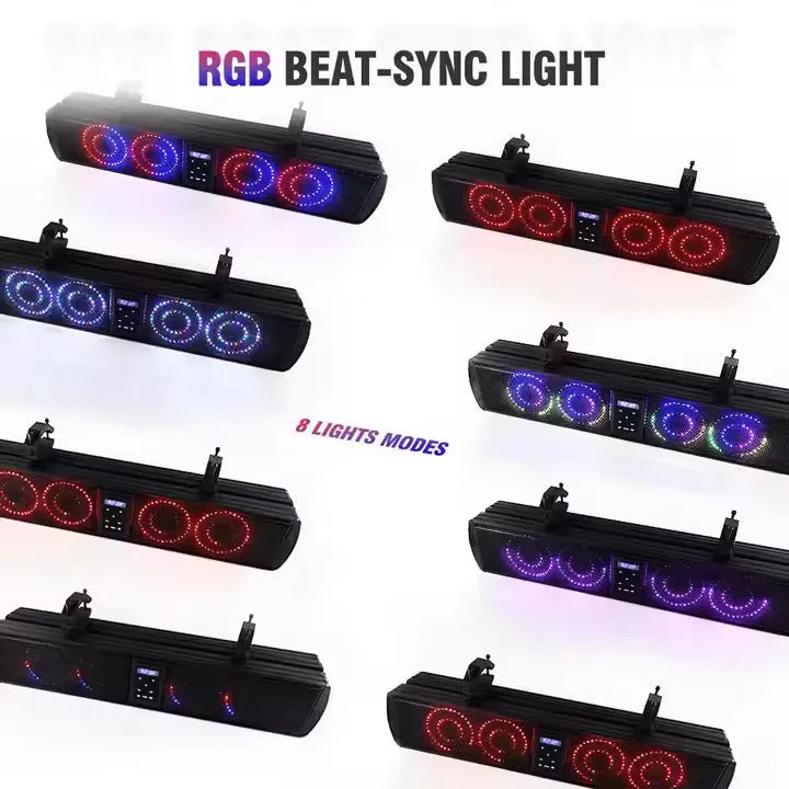 Personalised plastic Bluetooth speaker strip for mounting on a golf cart or ATV, showing speakers and connectivity ports.