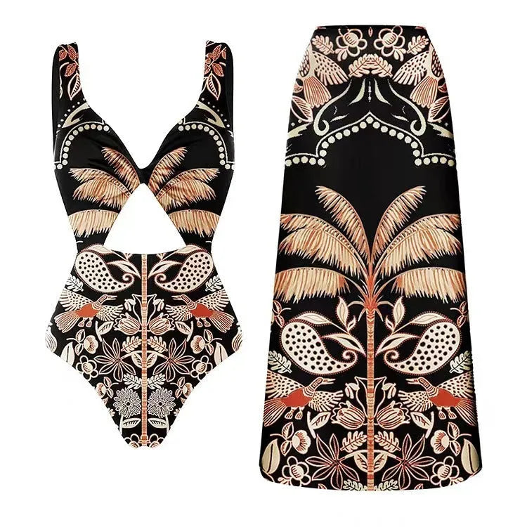 Women's black one-piece polyester swimsuit with fashion design for beach wear