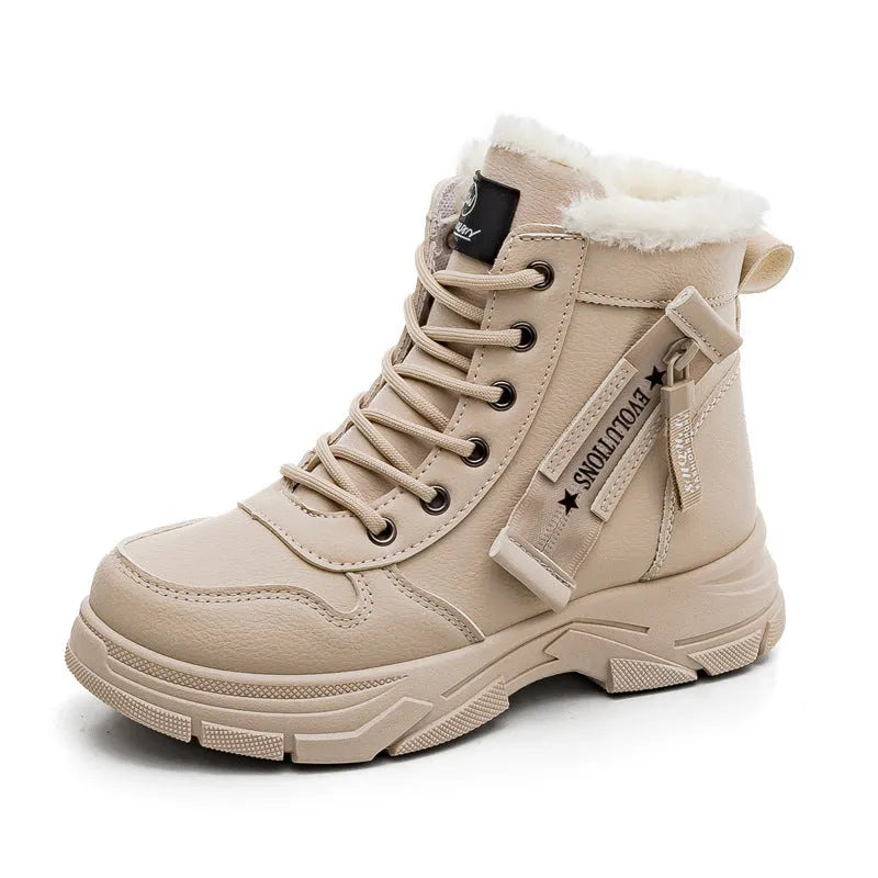 Plus size women's snow boot in black with velvet lining, showing mid-calf height and front lace-up.