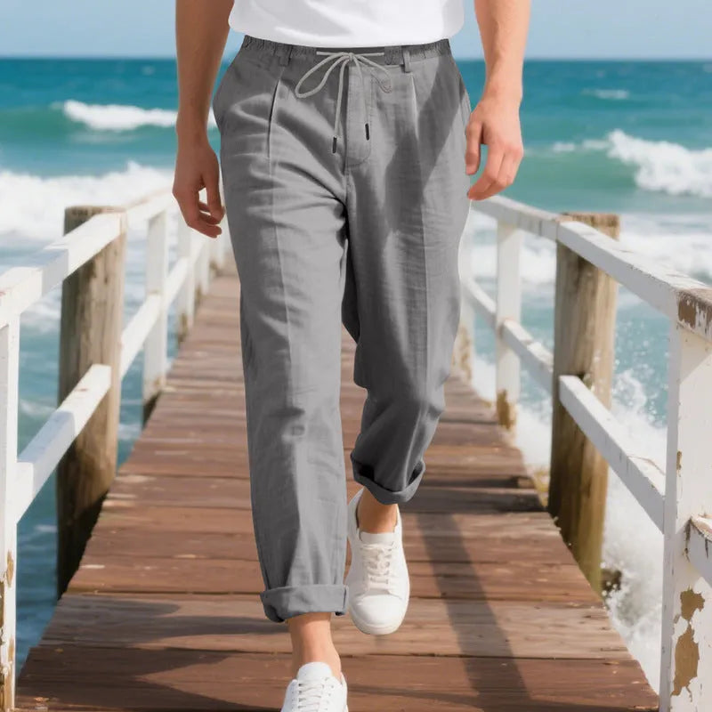 Men's linen casual pants in straight-leg style with drawstring waist in various colours