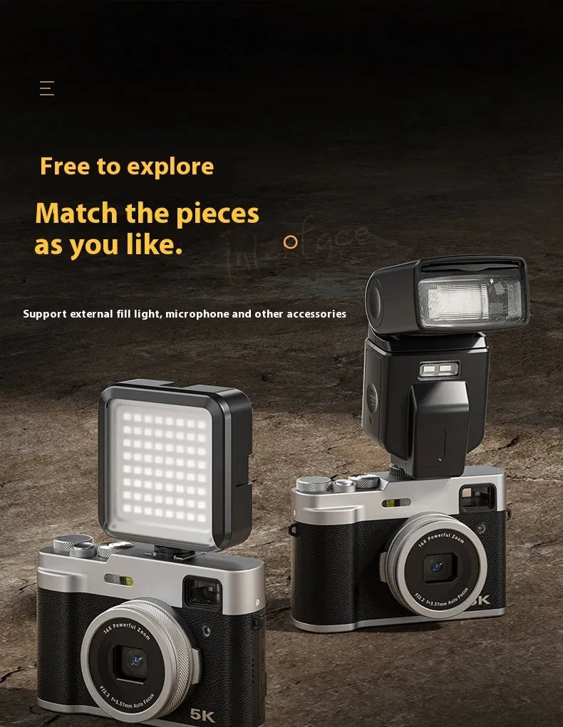 Black or brown 5K digital camera with dual lenses, optical viewfinder, and 2.88-inch screen.