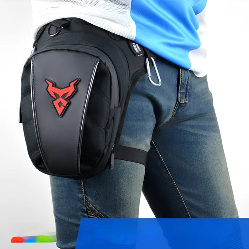 0105MC motorcycle leg bag in 1200D Oxford cloth shown in red, blue, green, and grey colour options