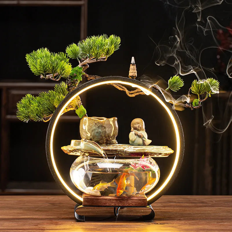 Ceramic flowing water lamp decoration in New Chinese Style with stone mill and lotus leaf design options for fish tank or tabletop use
