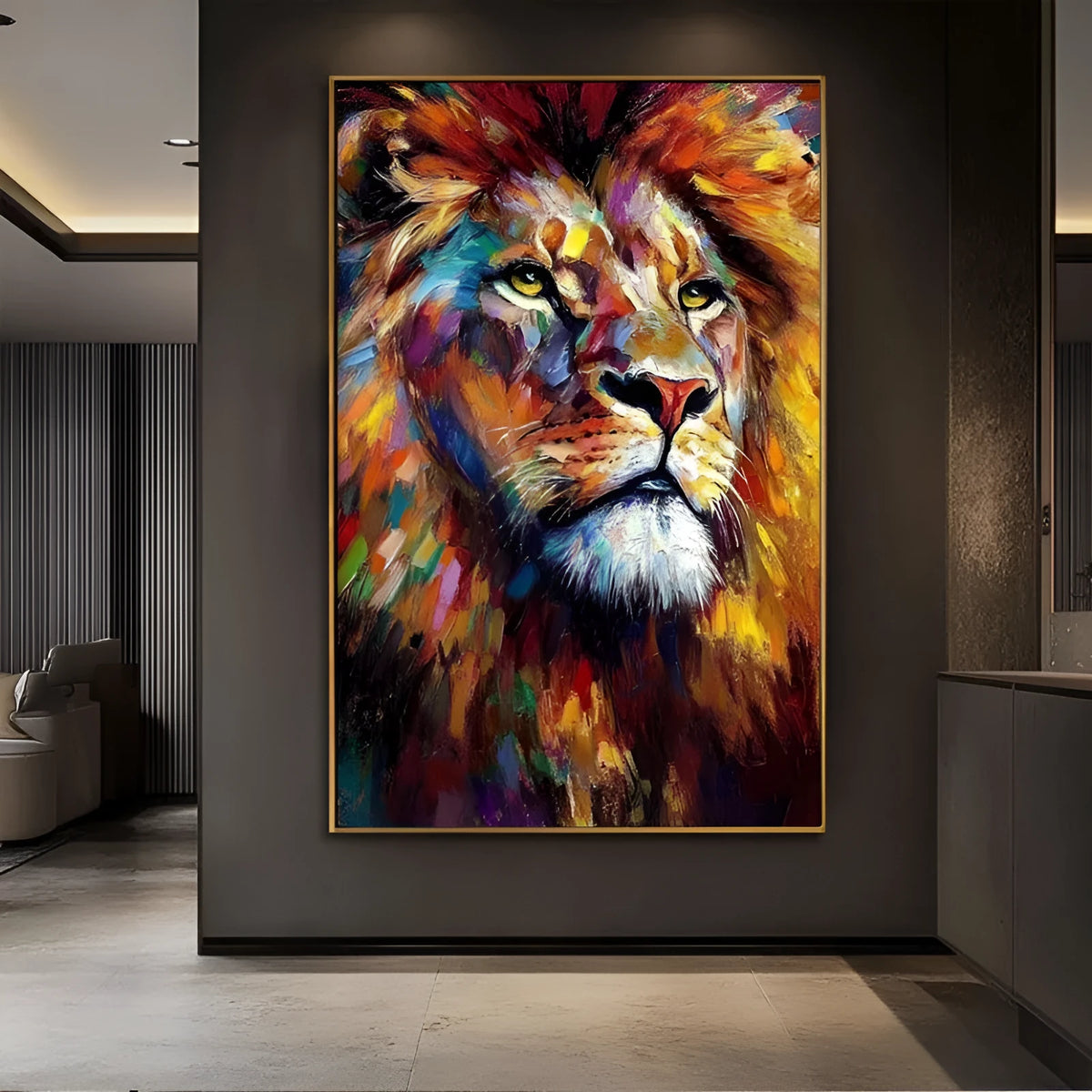 Hand painted colourful lion oil painting on canvas, modern abstract animal wall art, no frame, vertical orientation