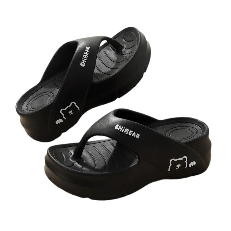Pair of EVA flip flops with thick non-slip sole, fish mouth toe, available in beige, khaki, black and pink