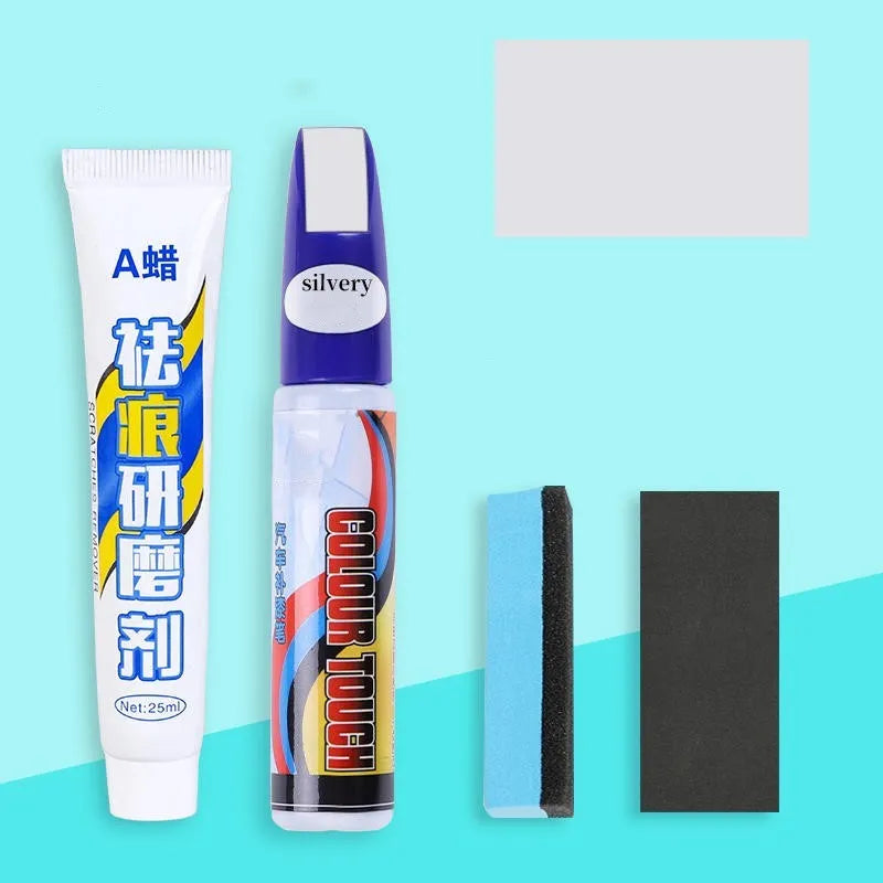 Automotive paint repair pen kit with scratch wax, paint pen, sponge, and sandpaper for car scratches