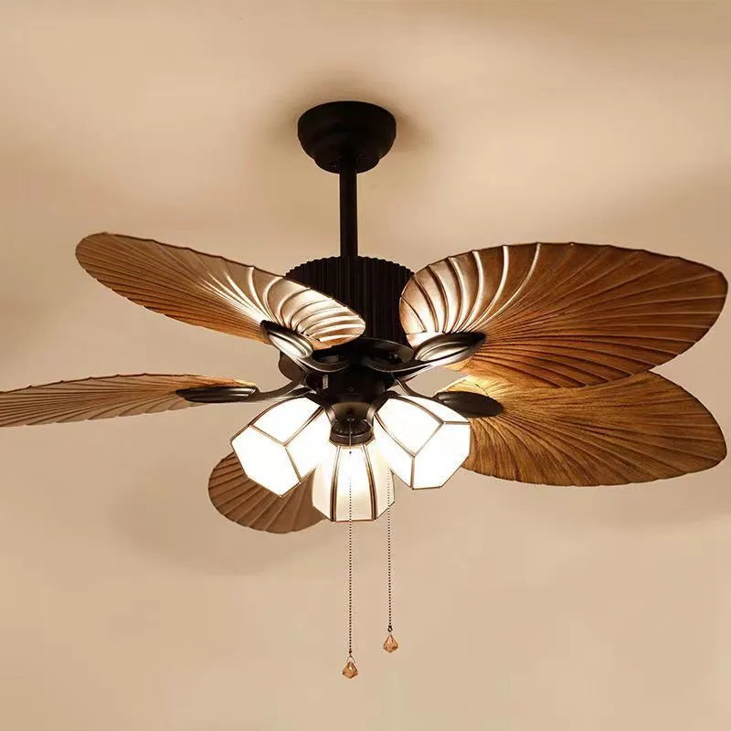 52-inch retro ceiling fan light with wooden blades and five-light copper lampshade