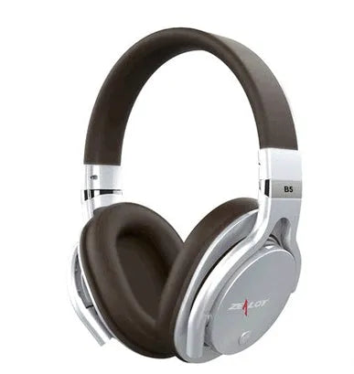 B5 wireless Bluetooth 4.0 over-ear headset with 40mm speaker and 3.5mm stereo interface, shown in black, silver, or red.