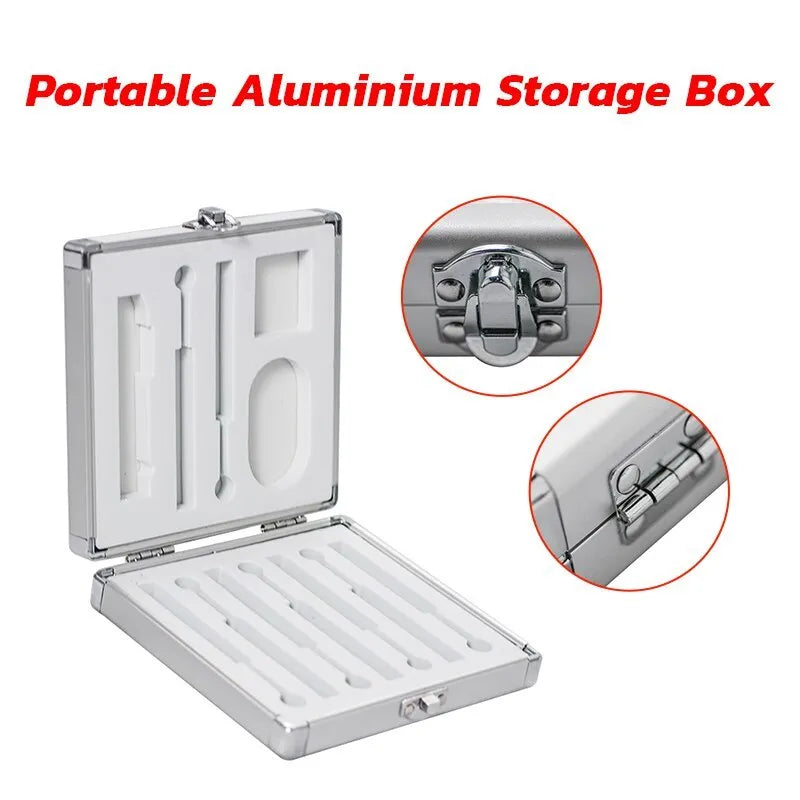 Silver aluminium storage box for soldering iron with dimensions 154mm by 147mm by 36mm