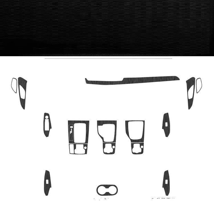 Car interior decorative film sticker kit showing pre-cut pieces for centre console and trim modification