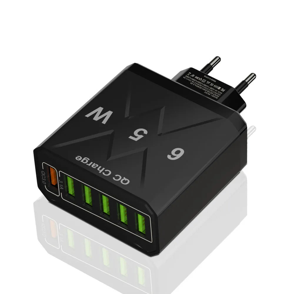 6-USB fast charger PC ABS plastic in black colour with UK plug