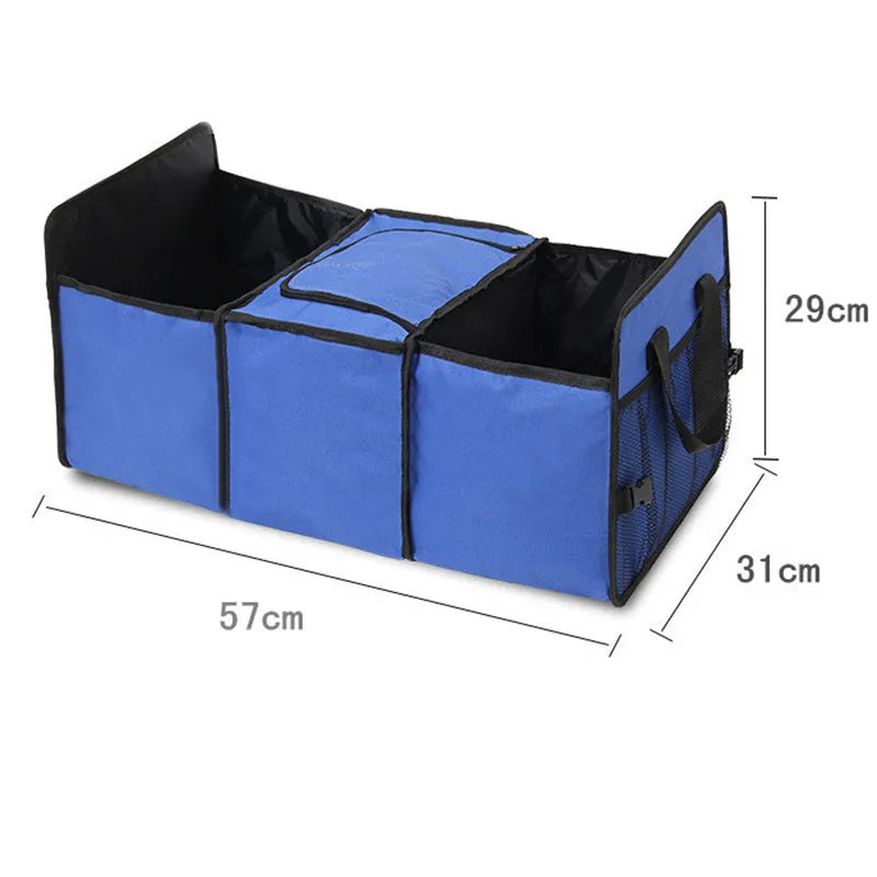 Foldable Oxford cloth car boot organiser in blue or red, unfolded size 57 x 31 x 39 cm.