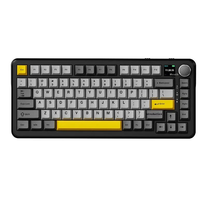 Three-mode hot-swappable mechanical keyboard in black, grey, and yellow with dust cover and tools