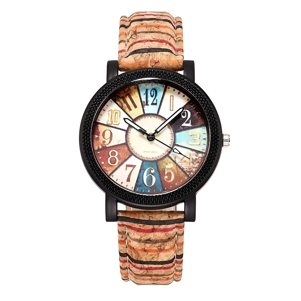 Women's vintage casual leather strap quartz watch with 37mm round dial