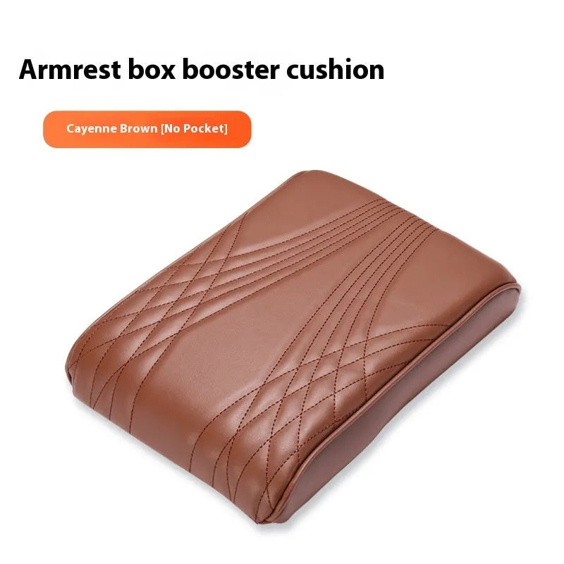 PU leather car armrest cover with heightening insole, black stripes, with pocket, on vehicle seat