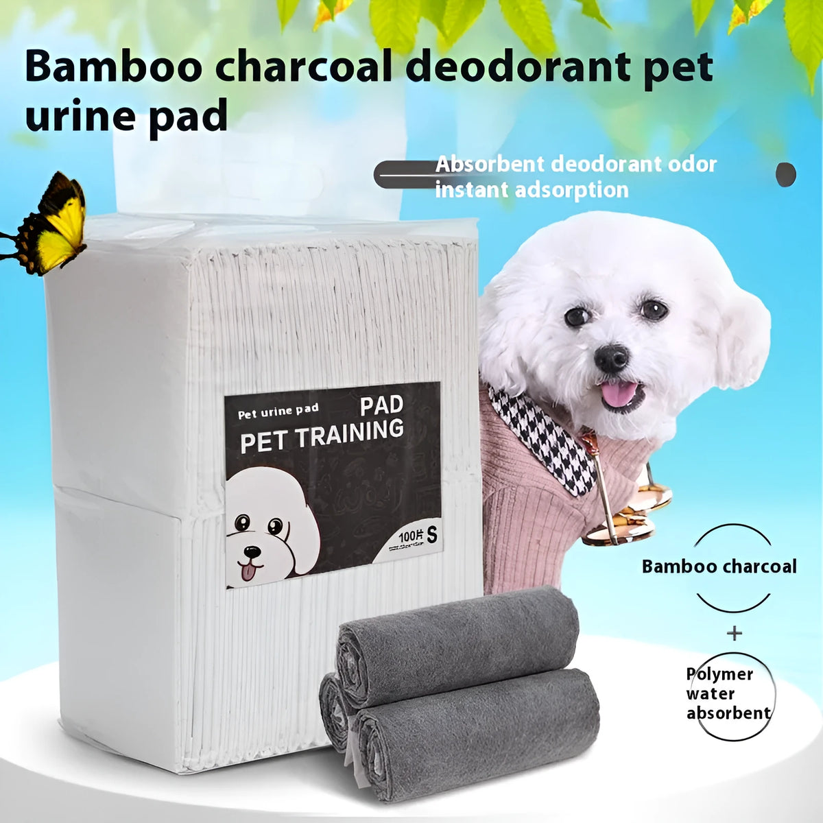 Pet urinal pads with bamboo charcoal in S M L XL sizes on white background