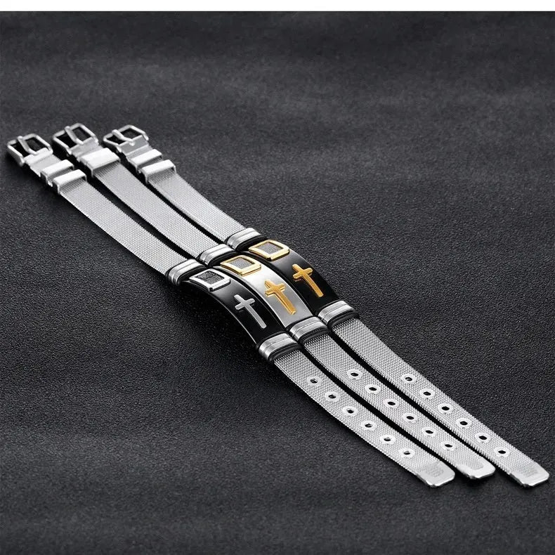 Adjustable 3D cross bracelet in stainless steel mesh chain, gold or black, about 24g, for women and men