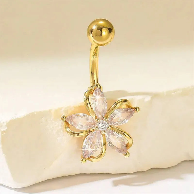 Copper navel stud with zircon flower design in electroplated gold finish