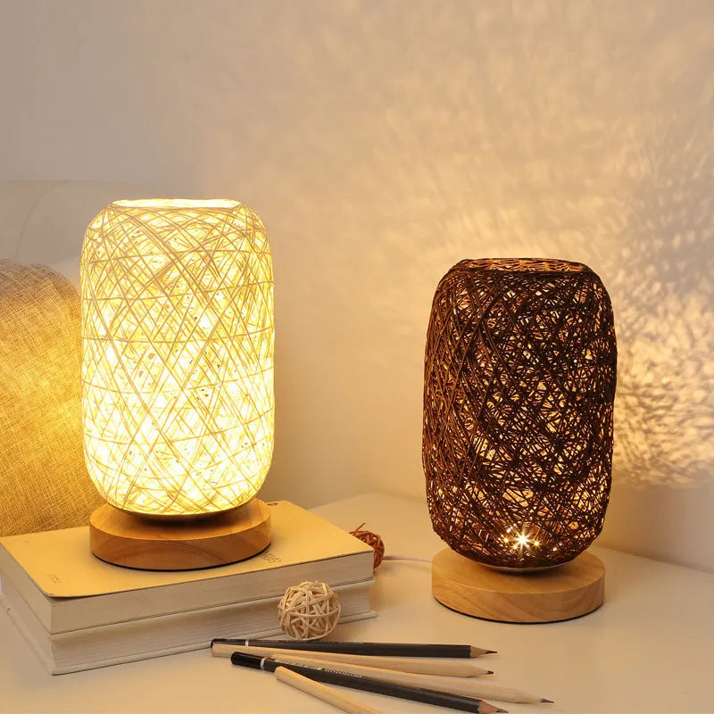 Dimmable LED wooden twine vine night table lamp with beige lampshade remote switch warm light