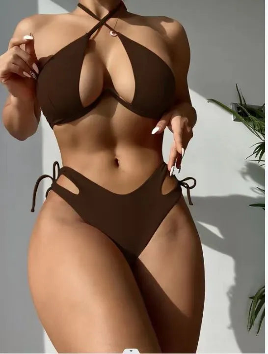 Brown women's halter bikini swimsuit with briefs on a white background