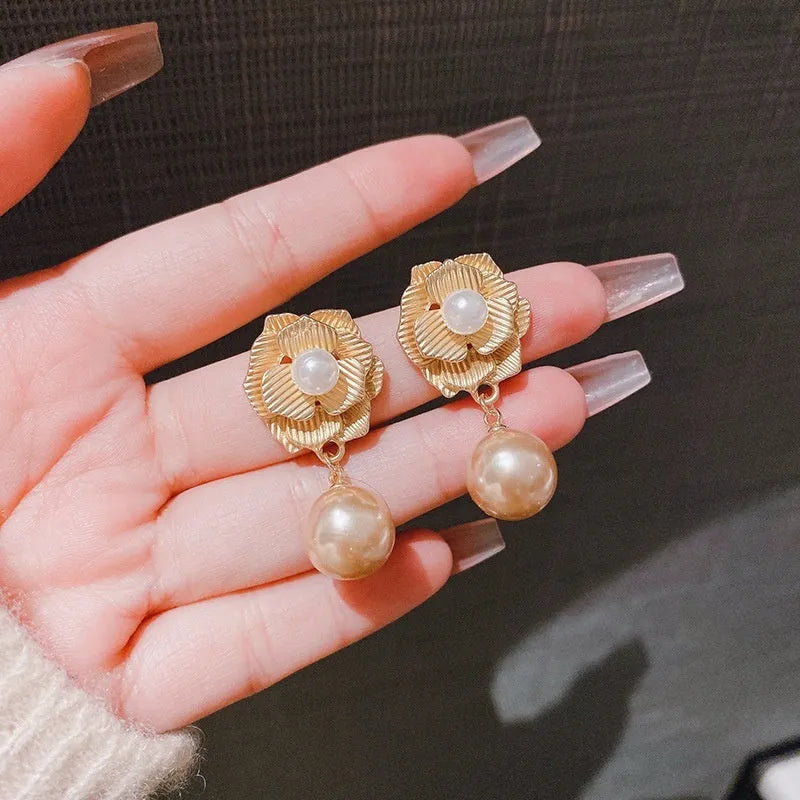 Gold electroplated Hong Kong style flower stud earrings with opal stone and needle rose pearl design