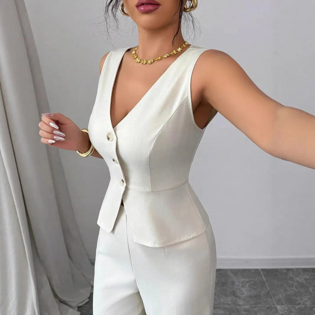 Women's solid colour sleeveless vest and high-waist trousers two-piece set in a casual style.