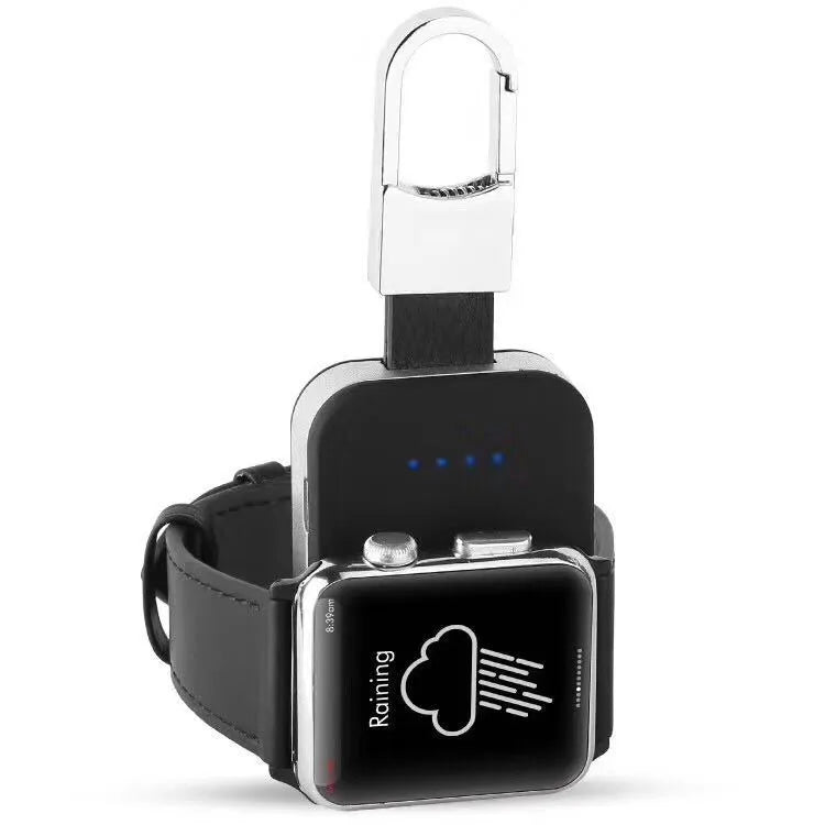 Black portable Apple Watch wireless charging power bank on a keyring