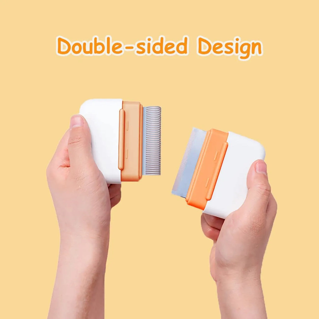 Blue double-sided pet grooming comb with stainless steel teeth and soft bristles on a white background.