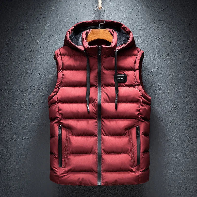 Men's slim waistcoat cotton-padded jacket with zipped pockets, straight hem and cardigan front, shown in solid colour