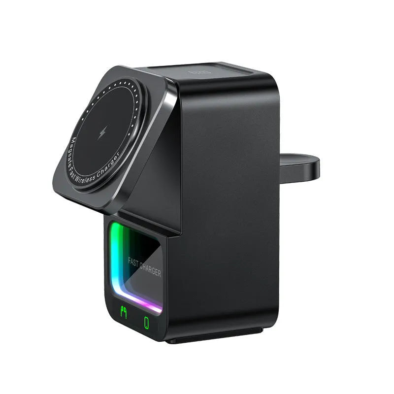 Black and white wireless charging station with Bluetooth speaker and magnetic charging surface