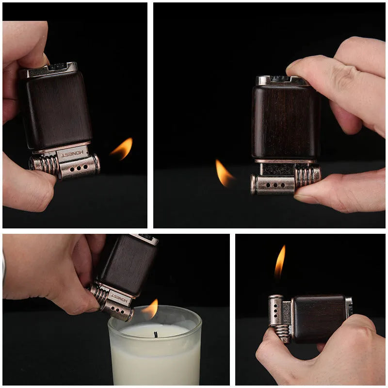 Decorative metal gas lighter with black wood finish and rosewood good luck designs